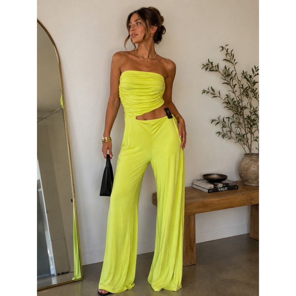House of Harlow 1960 Neon Yellow Strapless Cutout Jumpsuit